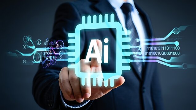 Businessman s finger touching a glowing ai icon with digital circuits and binary code representing artificial intelligence and technological advancement - Powered by Adobe