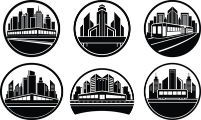 Vector art of six vector illustrations of city skylines with trams, isolated on a transparent background