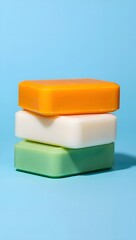 Natural handmade soaps stacked on blue background for skincare and body care routine