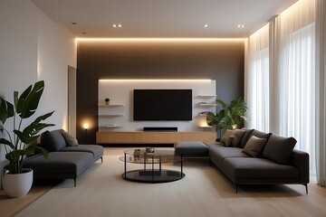 Modern living room with warm lighting and a large tv