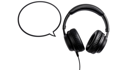 Black over-ear headphones positioned next to a speech bubble outline, symbolizing audio communication or spoken content. isolated on a solid white background
