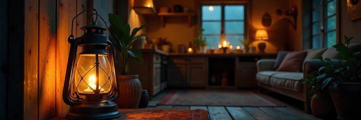 Cozy Rustic Home Interior Illuminated by Warm Lantern Light at Night, Evoking Peace and Comfort - Perfect for Home Decor and Lifestyle Photography