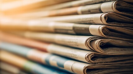 Fototapeta premium Stack of newspapers in warm tones, a glimpse into timeless stories