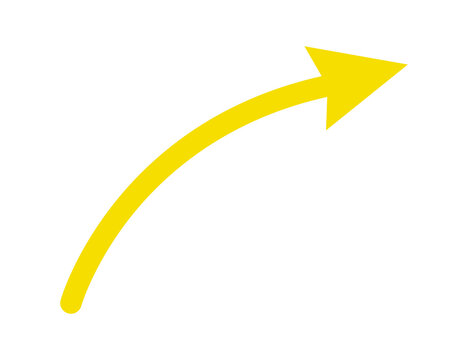 Bright yellow curved arrow pointing upwards and to the right isolated on transparent background