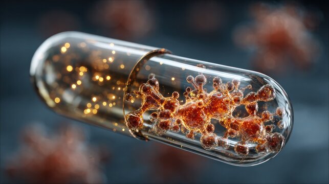 Sunlight through a vitamin D capsule with blurred cells, symbolizing health and longevity science