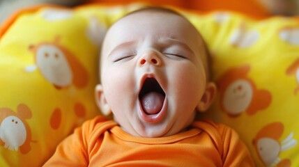 Baby yawning on a yellow pillow