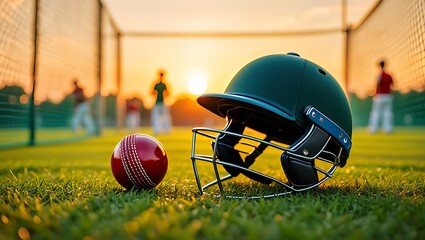 Cricket helmet and ball on the field at sunset