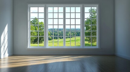 Fototapeta premium Empty room with large windows and a scenic view