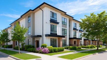 Modern Residential Building with Lush Greenery and Clear Sky