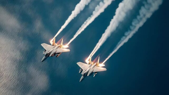 Close-up of fighter jets engaging in a high-speed dogfight over the ocean, with afterburners lit and contrails cutting through the sky

