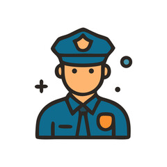 Cartoon illustration of a police officer wearing uniform and hat with badge.