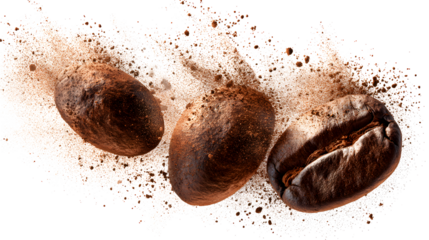 Three coffee beans are broken into powder in the air, isolated on a white background