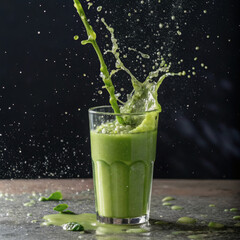 Vibrant green smoothie splashing dramatically into a glass with dark background