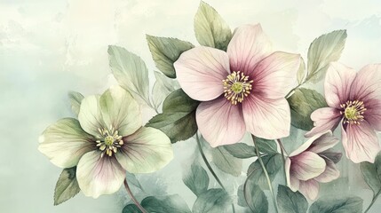 Watercolor painting of delicate pink and green hellebores with leaves on a soft background.