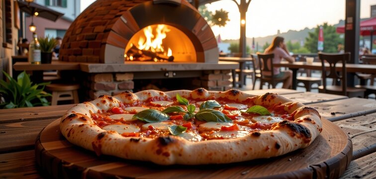 Delicious wood-fired pizza with fresh basil served outdoors  