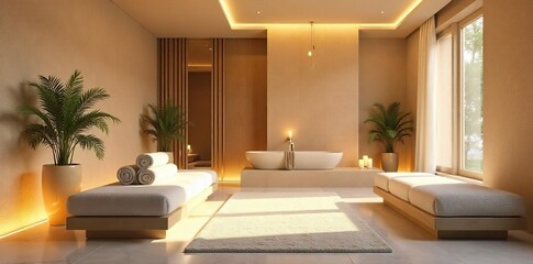 Serene Spa Interior Soft Lighting, Natural Textures, and Minimalist Design Enhance Relaxation and Tranquility, Ideal for Wellness, Beauty, and Skincare Branding.