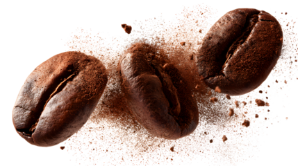 Three coffee beans are broken into powder in the air, isolated on a white background