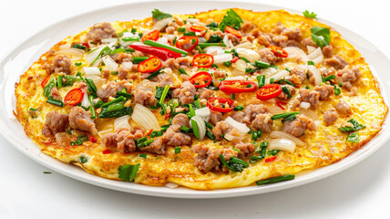 Taste authentic Thai Omelette: fluffy eggs loaded with savory minced pork, fresh onions, chives, and fiery chilies.