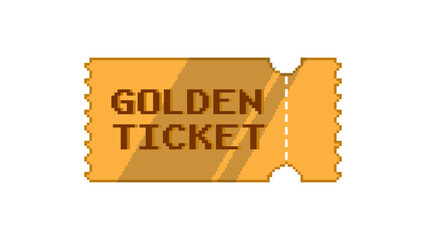 Pixel Golden Ticket. Vector golden ticket in 8-bit retro game style isolated on white background.