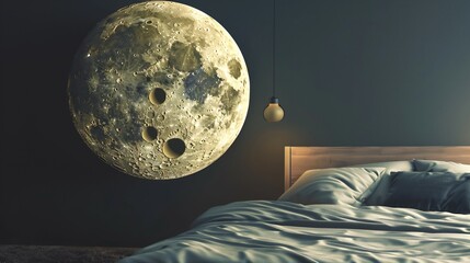 A Swiss cheese moon floating above a bed, with shadowy dream figures emerging from its holes, creating a mysterious and imaginative night scene that symbolizes subconscious fears, whimsical dreams