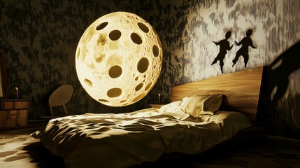 A Swiss cheese moon floating above a bed, with shadowy dream figures emerging from its holes, creating a mysterious and imaginative night scene that symbolizes subconscious fears, whimsical dreams
