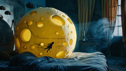 A Swiss cheese moon floating above a bed, with shadowy dream figures emerging from its holes, creating a mysterious and imaginative night scene that symbolizes subconscious fears, whimsical dreams