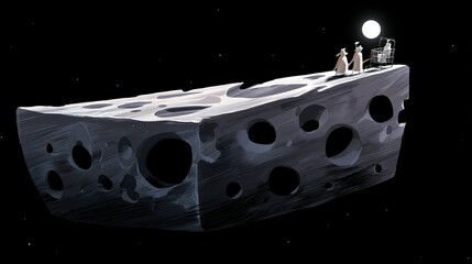 A Swiss cheese moon floating above a bed, with shadowy dream figures emerging from its holes, creating a mysterious and imaginative night scene that symbolizes subconscious fears, whimsical dreams
