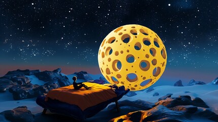 A Swiss cheese moon floating above a bed, with shadowy dream figures emerging from its holes, creating a mysterious and imaginative night scene that symbolizes subconscious fears, whimsical dreams