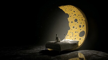 A Swiss cheese moon floating above a bed, with shadowy dream figures emerging from its holes, creating a mysterious and imaginative night scene that symbolizes subconscious fears, whimsical dreams