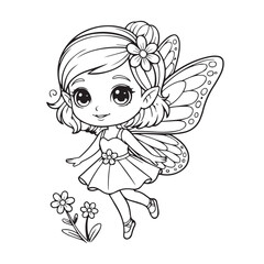 Cute black and white cartoon fairy with butterfly wings flower in hair and ballet shoes flying near flowers perfect for coloring pages
