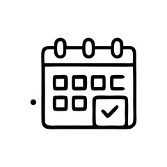 Simple black and white calendar icon with a check mark, representing a scheduled event.