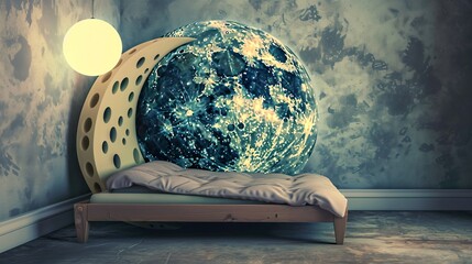 A Swiss cheese moon floating above a bed, with shadowy dream figures emerging from its holes, creating a mysterious and imaginative night scene that symbolizes subconscious fears, whimsical dreams