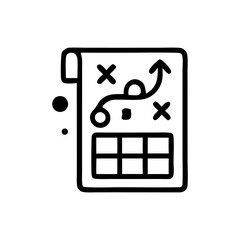 A schematic plan is illustrated with an arrow, grid, and X marks on a sheet of paper.