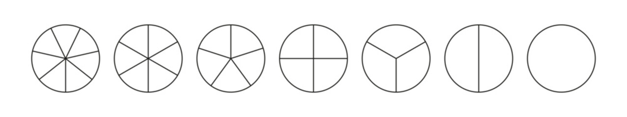 Pie chart template from 1 to 7. Collection of pizza charts. Diagram wheels. Set of segmented round charts.