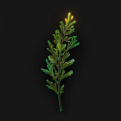A single glowing green plant stem with delicate leaves on a dark background