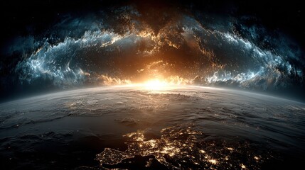 Fototapeta premium Planet sunrise cosmic nebula space exploration galaxy view starry night celestial universe astronomy