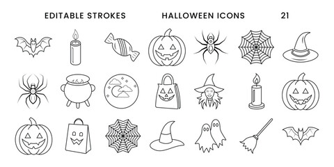Halloween vector icons set. Editable strokes Halloween icons featuring bats pumpkins spiders witches and ghosts