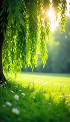 Serene Summer Meadow Willow Branches Drape Over Sunlit Grass, Creating a Picturesque Idyllic Scene Perfect for Peaceful Backgrounds