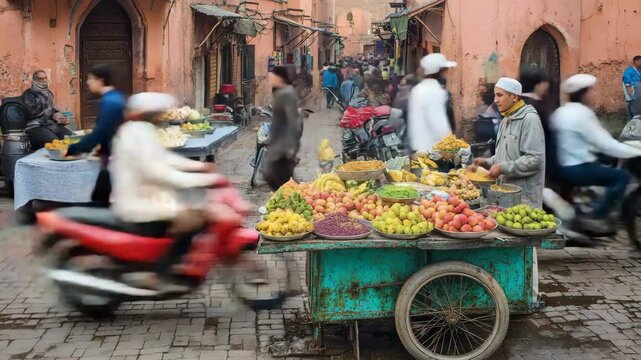 A street vendor preparing food at a busy market, colorful fruits and vegetables surrounding the cart, people in motion in the background