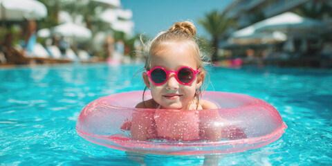 An adorable girl in a pink inflatable ring and stylish pink sunglasses smiles happily while floating in a vibrant blue swimming pool, enjoying a sunny day at a resort