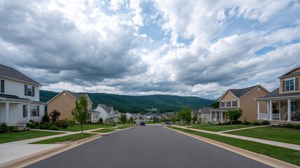 Scenic Suburban Street with Cloudy Sky and Mountain View