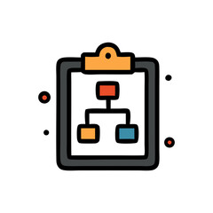 A clipboard icon displays a flowchart representing data connections and organizational structure.