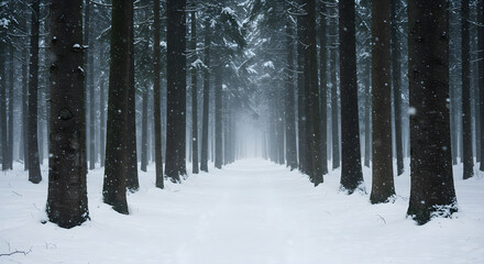 Snowy Path Through a Dense Evergreen Forest in Winter