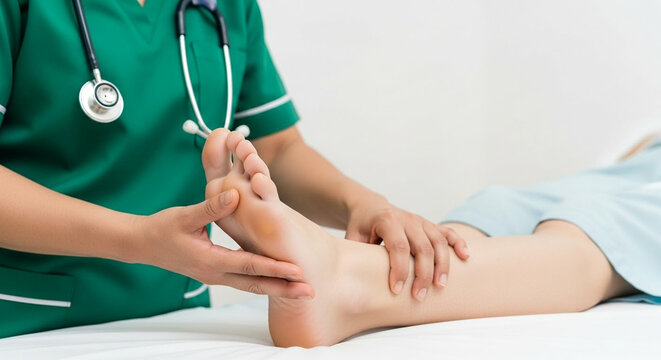 Medical professional examines a patient s foot and ankle with a stethoscope