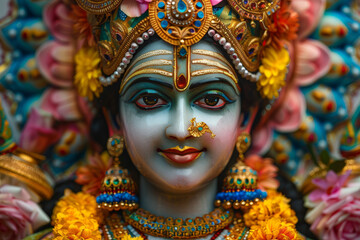 Exquisite Close-Up of a Multicolored Indian Deity Statue with Intricate Detailing
