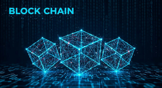 Abstract network of glowing cubes representing blockchain technology with binary code