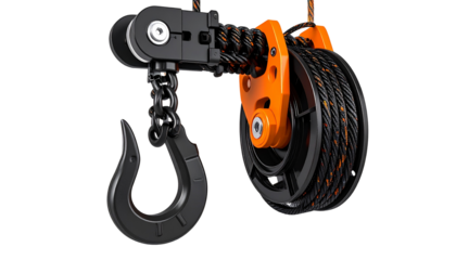 Electric winch hook with pulley in black and orange design isolated on a solid white background in Png