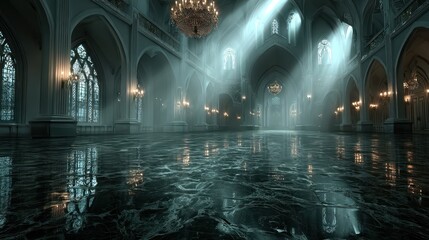 Grand hall interior dark architecture reflective floor mysterious atmosphere