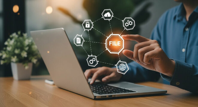Person interacting with digital network of data management icons on a laptop