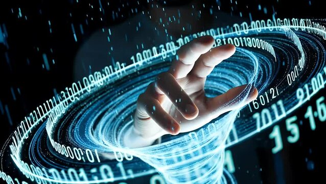 A hand reaches through a vortex of glowing blue binary code
